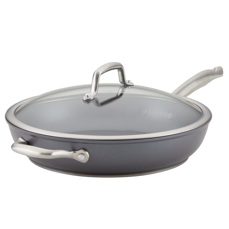 Anolon Accolade Forged Hard Anodized Nonstick Deep Frying Pan / Skillet with Helper Handle and Lid, 12 Inch - Moonstone Gray - Image 1